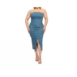 NEW CURVE MARKET front slit bodycon denim tube dress in medium wash